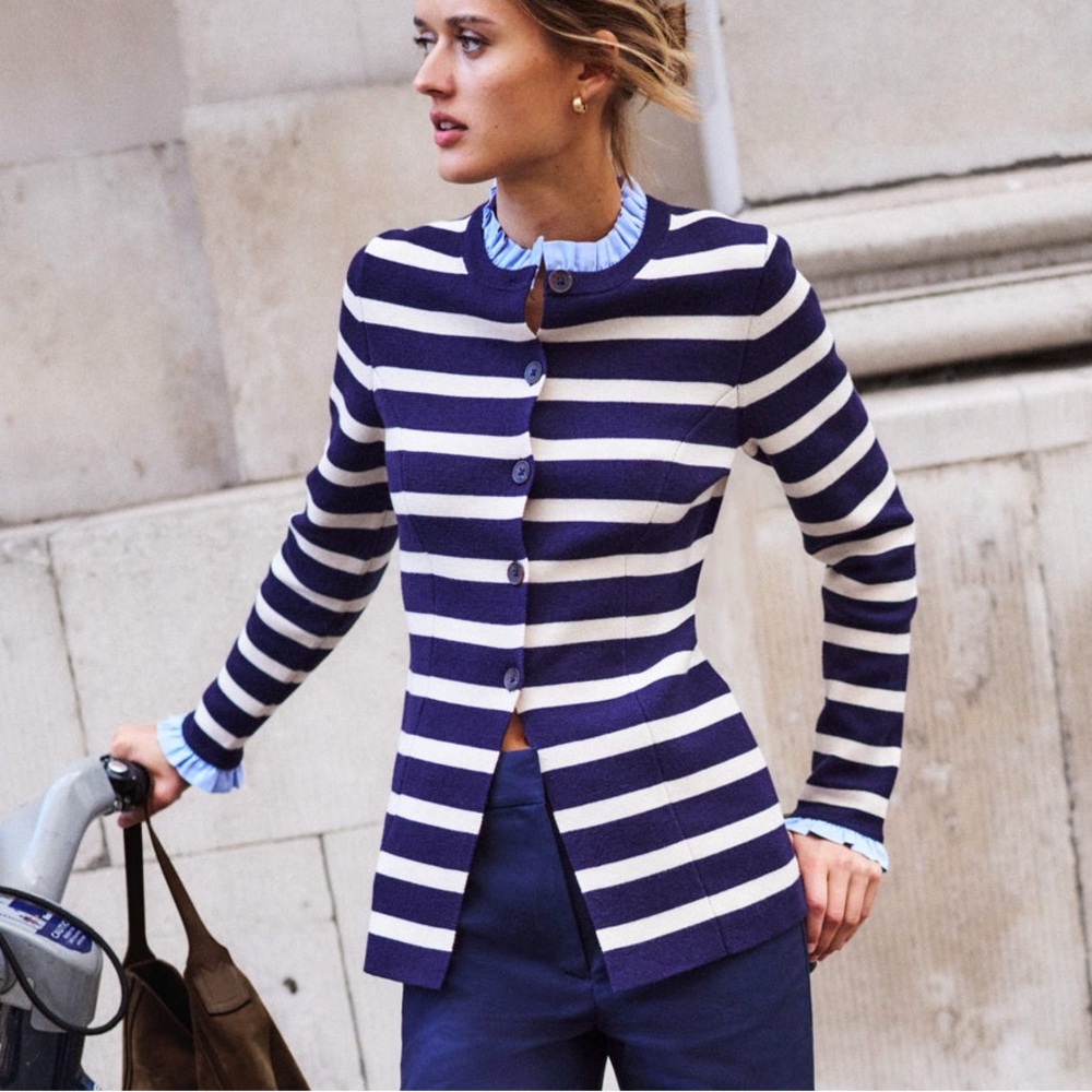 Boden Joanna Fitted Knitted Jacket
Navy/Warm Ivory Stripe, 6